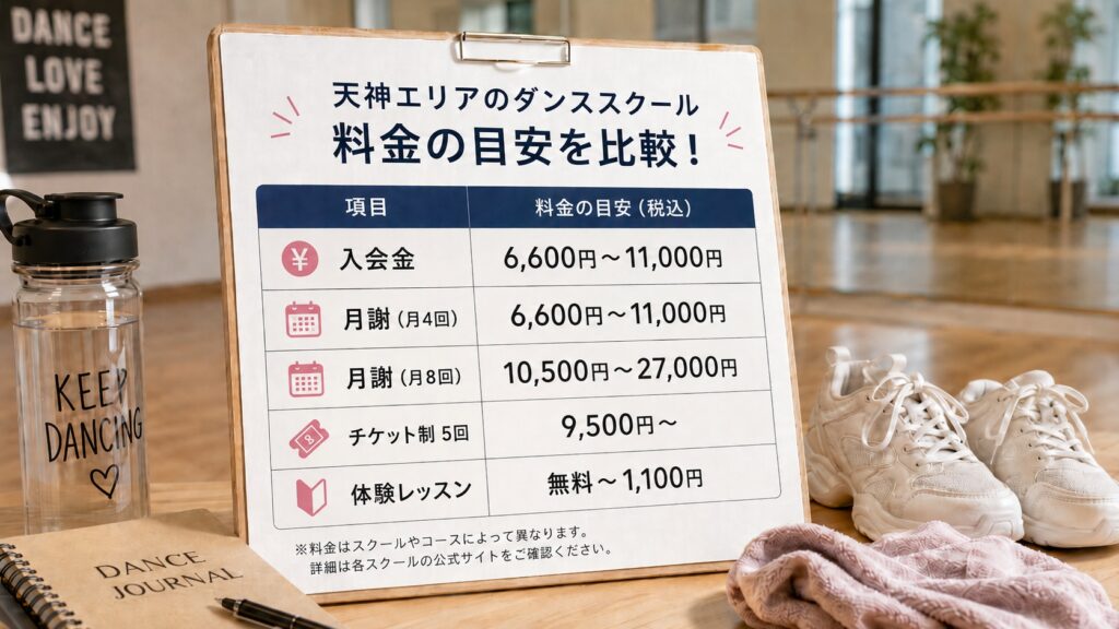 天神のダンススクール料金相場と月謝を比較するための費用一覧