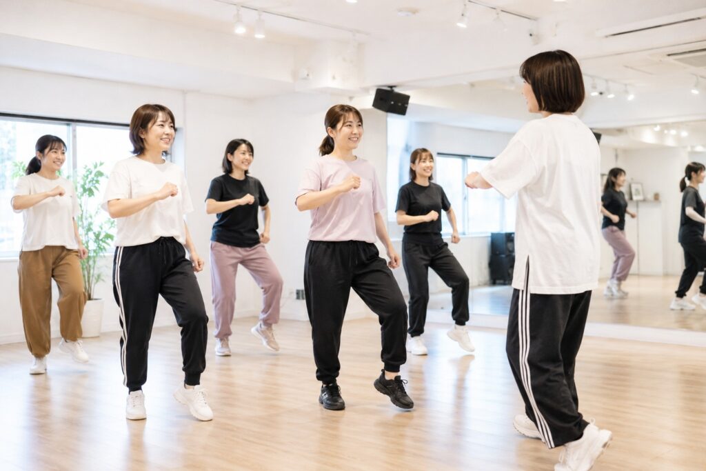K-POPダンスの初心者クラスで基本ステップを練習する大人の生徒