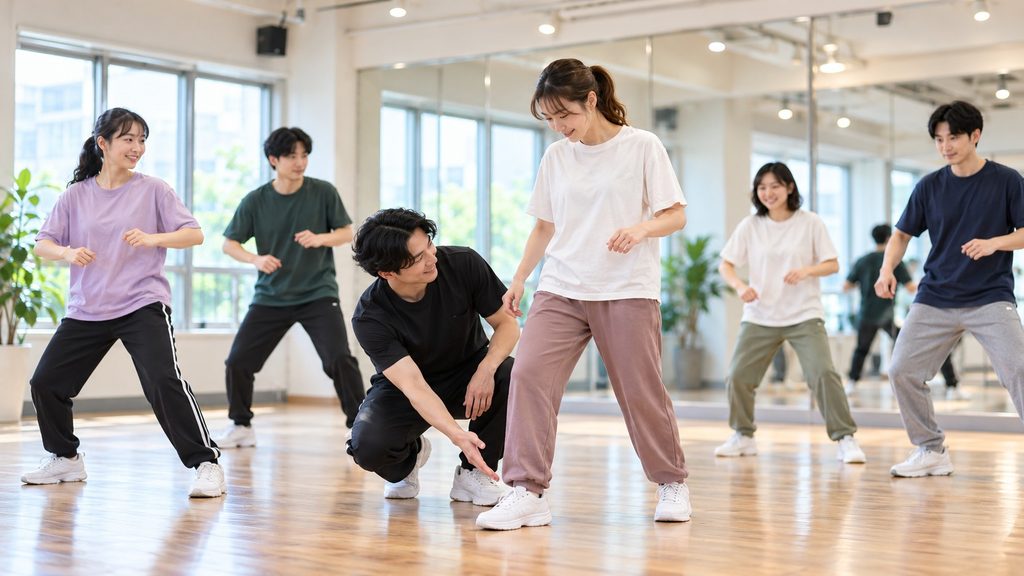 ダンス初心者が少人数レッスンで基礎を練習している様子